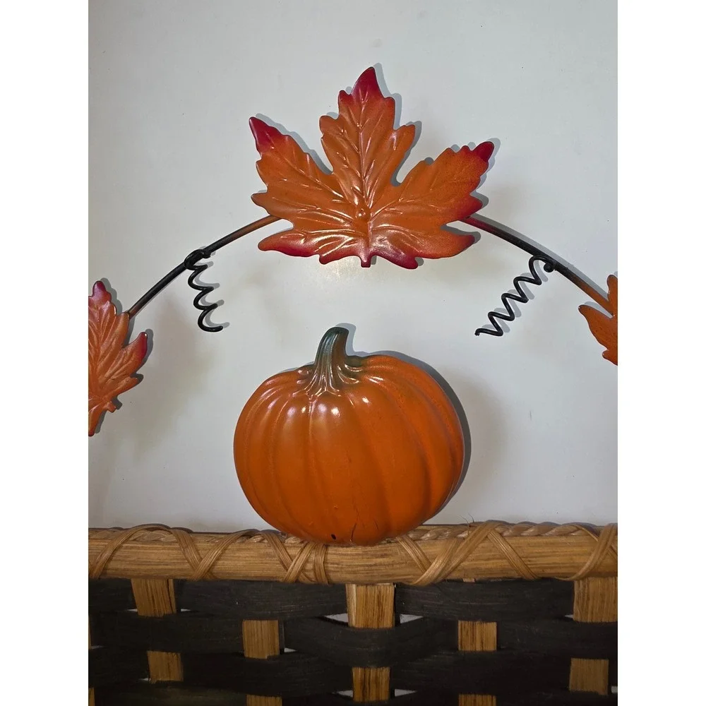 Vintage 1990s Harvest Basket Woven Wicker Pumpkin Maple Leaf Metal Handle Decor